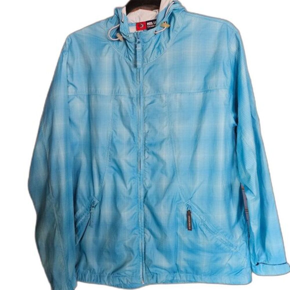 Reel Legends Womens Size L Turquoise Blue Plaid Lightweight Windbreaker Hooded